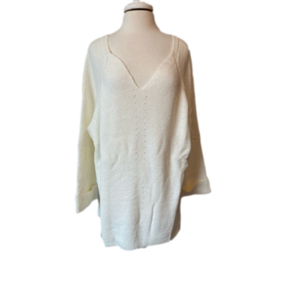 Nina Leonard New Women's 3X Boho Chic V Neck Knit Long Sleeve Sweater Ivory Cozy